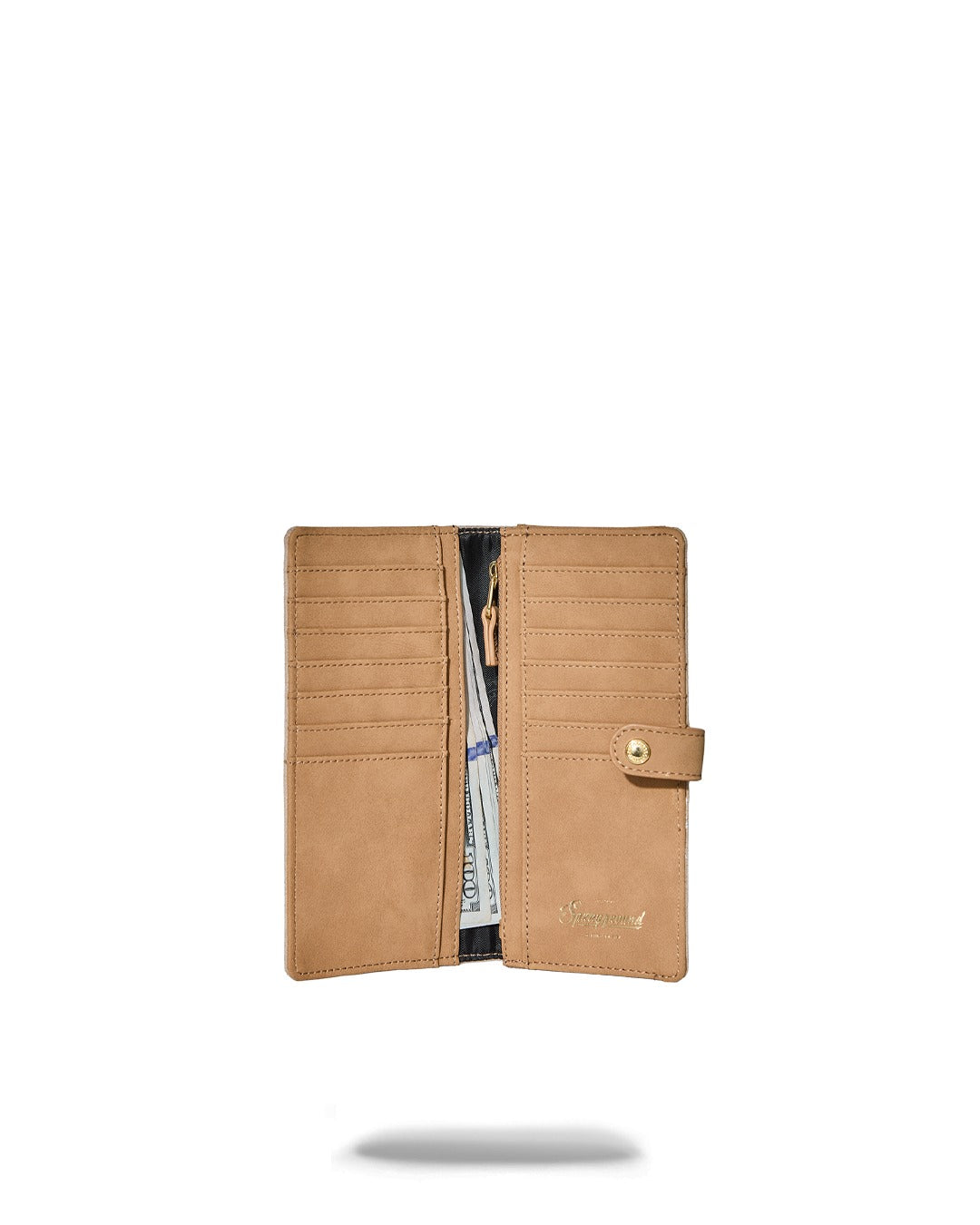 Portafoglio Sprayground 2 Tone Gold aperto, interno color cammello con scomparti per carte