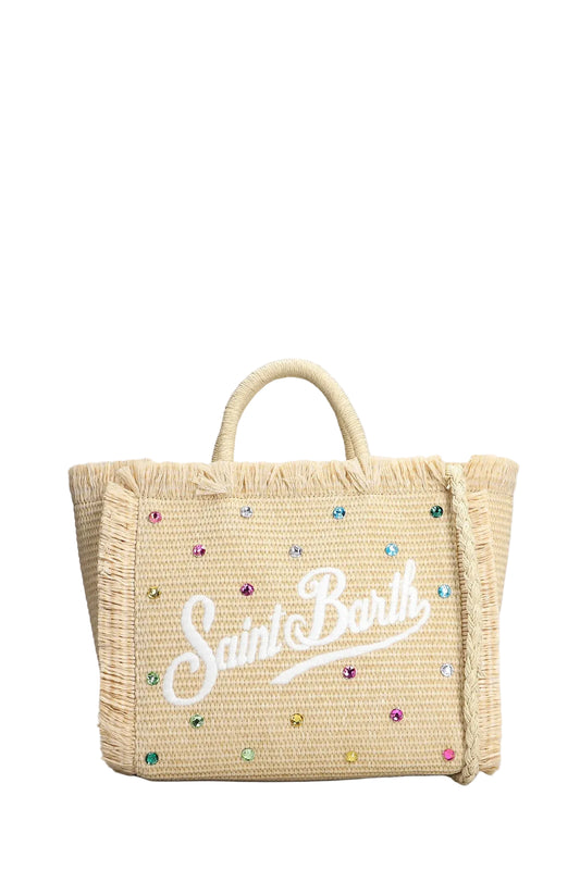SAINT BARTH - Borsa Mini Vanity effetto paglia con decorazioni in strass