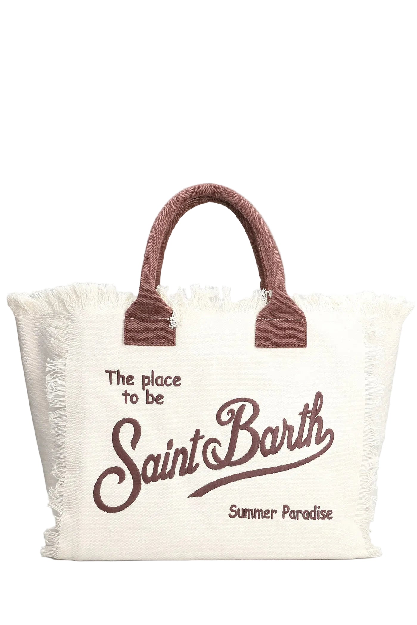 BORSA SAINT BARTH - Borsa Vanity regular bianca logo marrone in canvas con frange