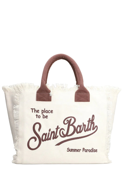 BORSA SAINT BARTH - Borsa Vanity regular bianca logo marrone in canvas con frange