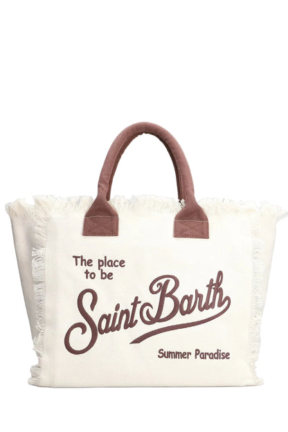 BORSA SAINT BARTH - Borsa Vanity regular bianca logo marrone in canvas con frange