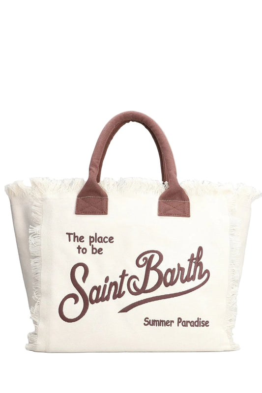 BORSA SAINT BARTH - Borsa Vanity regular bianca logo marrone in canvas con frange