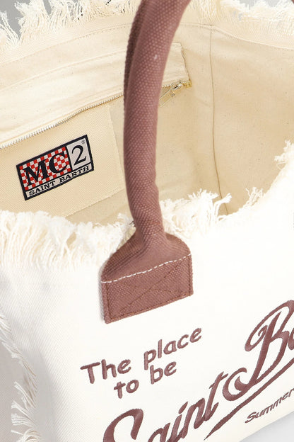 BORSA SAINT BARTH - Borsa Vanity regular bianca logo marrone in canvas con frange