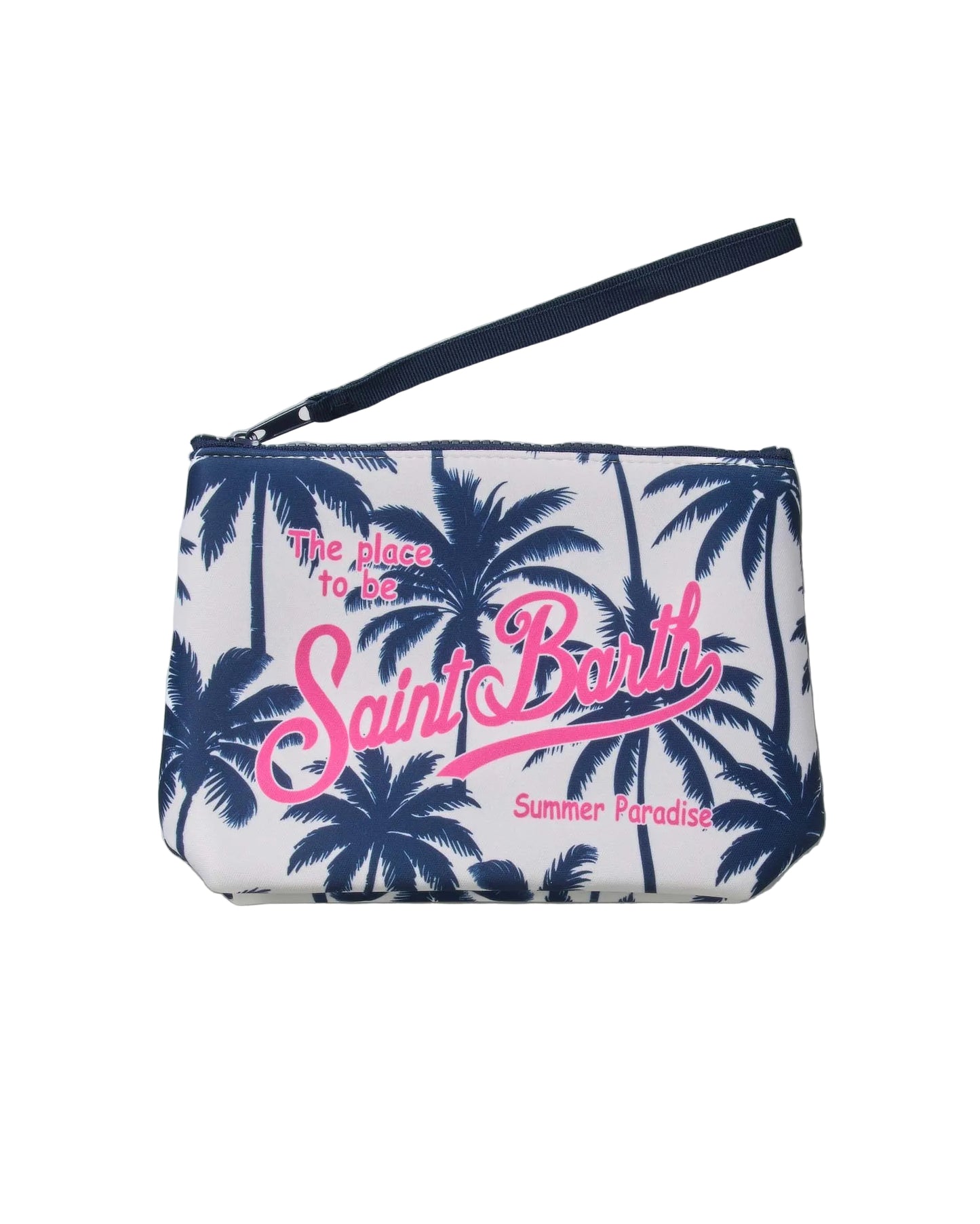 Pochette Saint Barth - Aline palme blu con scritta logo stampata rosa