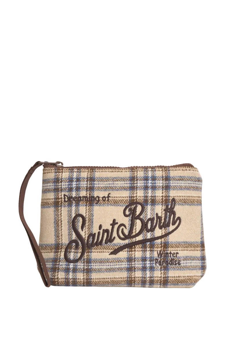 MC2 Saint Barth pochette Aline tartan beige con ricamo Dreaming of Saint Barth