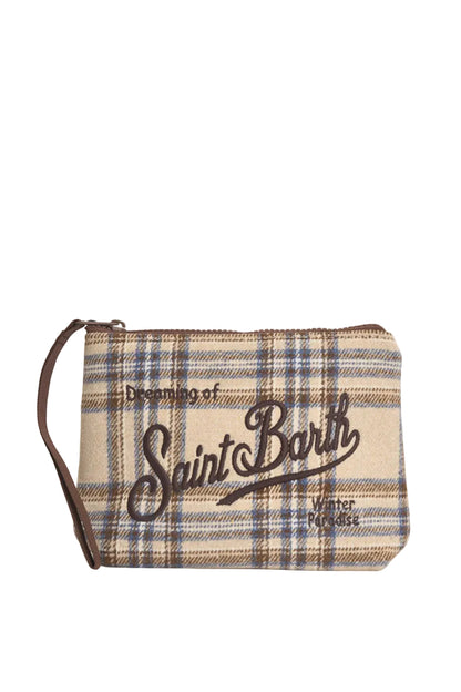 MC2 Saint Barth pochette Aline tartan beige con ricamo Dreaming of Saint Barth