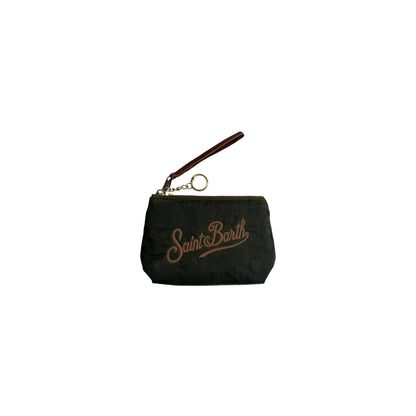 Pochette Saint Barth - Aline Mini Blu in cotone cerato con ricamo marrone