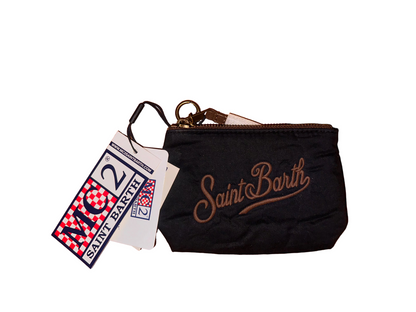 Pochette Saint Barth - Aline Mini Blu in cotone cerato con ricamo marrone