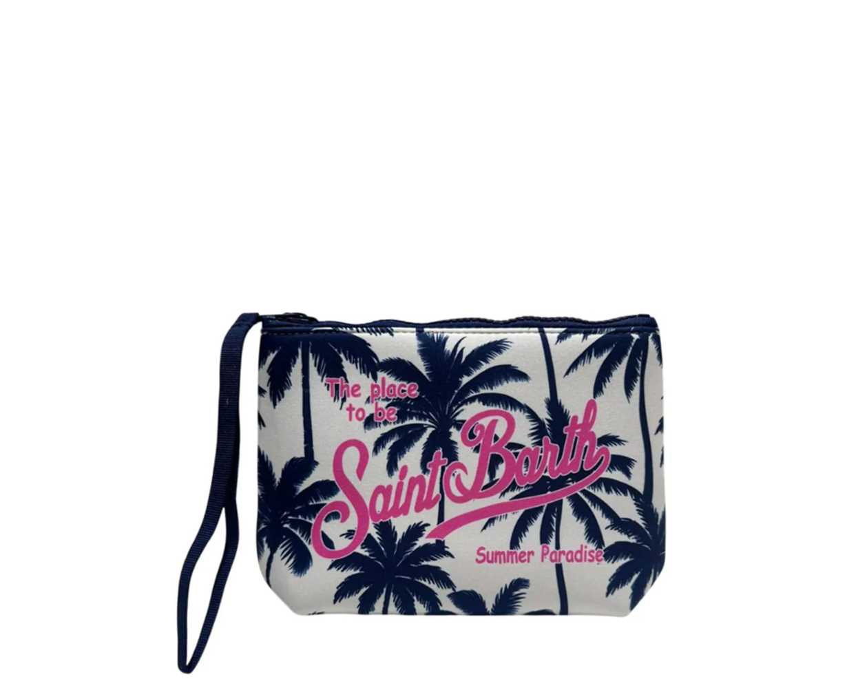 Pochette Saint Barth - Aline palme blu con scritta logo stampata rosa
