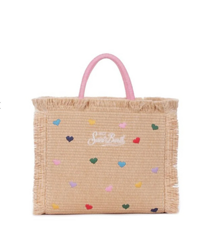 SAINT BARTH - Borsa Mini Vanity effetto paglia con CUORI