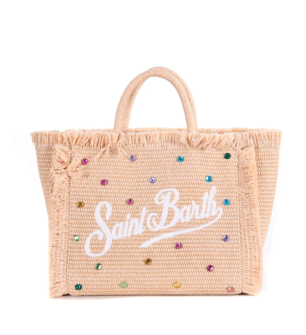 SAINT BARTH - Borsa Mini Vanity effetto paglia con decorazioni in strass