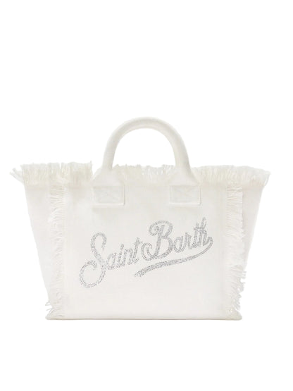 BORSA SAINT BARTH - Borsa Colette in canvas bianca con logo in strass