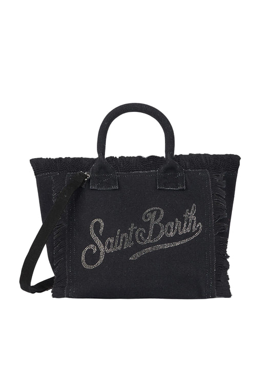 BORSA SAINT BARTH - Borsa Colette in canvas nera con logo in strass