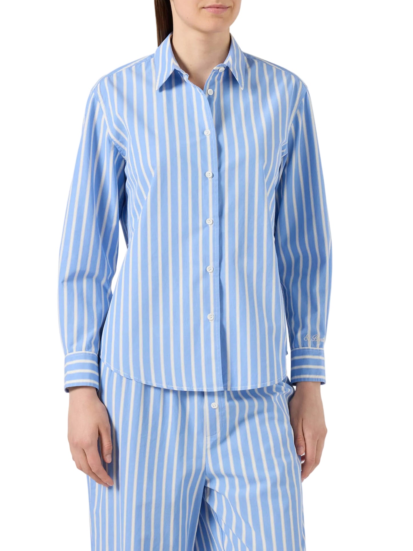 Camicia Meredith in cotone a righe azzurre con ricamo Saint Barth