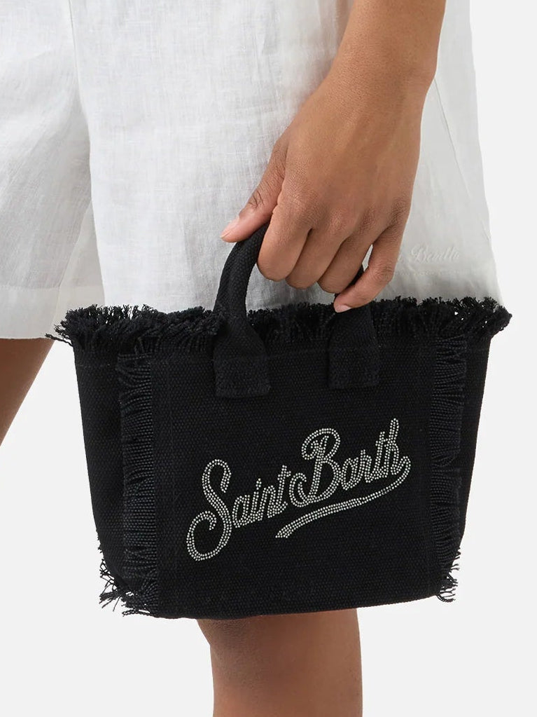 BORSA SAINT BARTH - Borsa Vanity mini in canvas nera con logo in strass