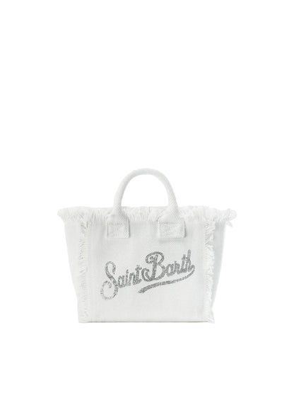 BORSA SAINT BARTH - Borsa Vanity mini in canvas bianca con logo in strass