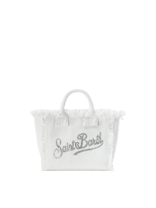 BORSA SAINT BARTH - Borsa Vanity mini in canvas bianca con logo in strass