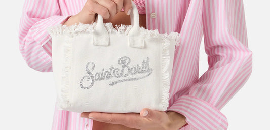 BORSA SAINT BARTH - Borsa Vanity mini in canvas bianca con logo in strass