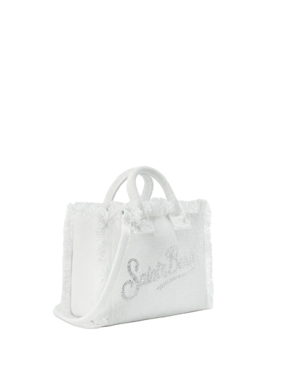 BORSA SAINT BARTH - Borsa Vanity mini in canvas bianca con logo in strass