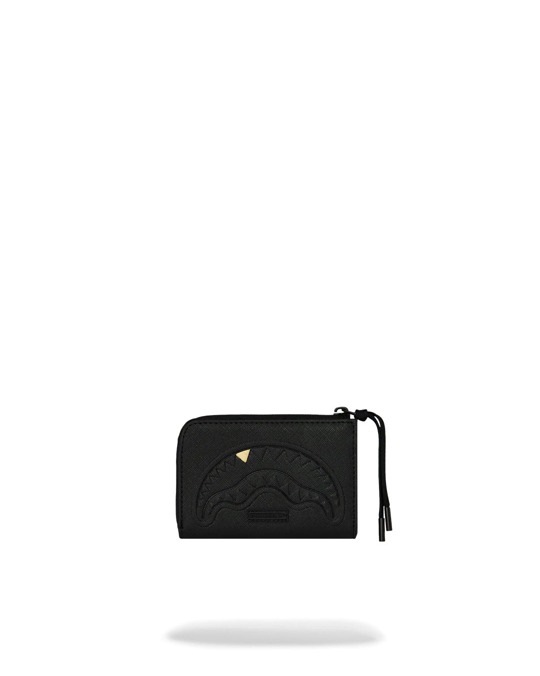 Portafoglio Sprayground Blacked Out nero con Shark Mouth in rilievo e dente oro, fronte