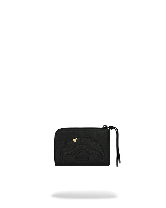 Portafoglio Sprayground Blacked Out nero con Shark Mouth in rilievo e dente oro, fronte