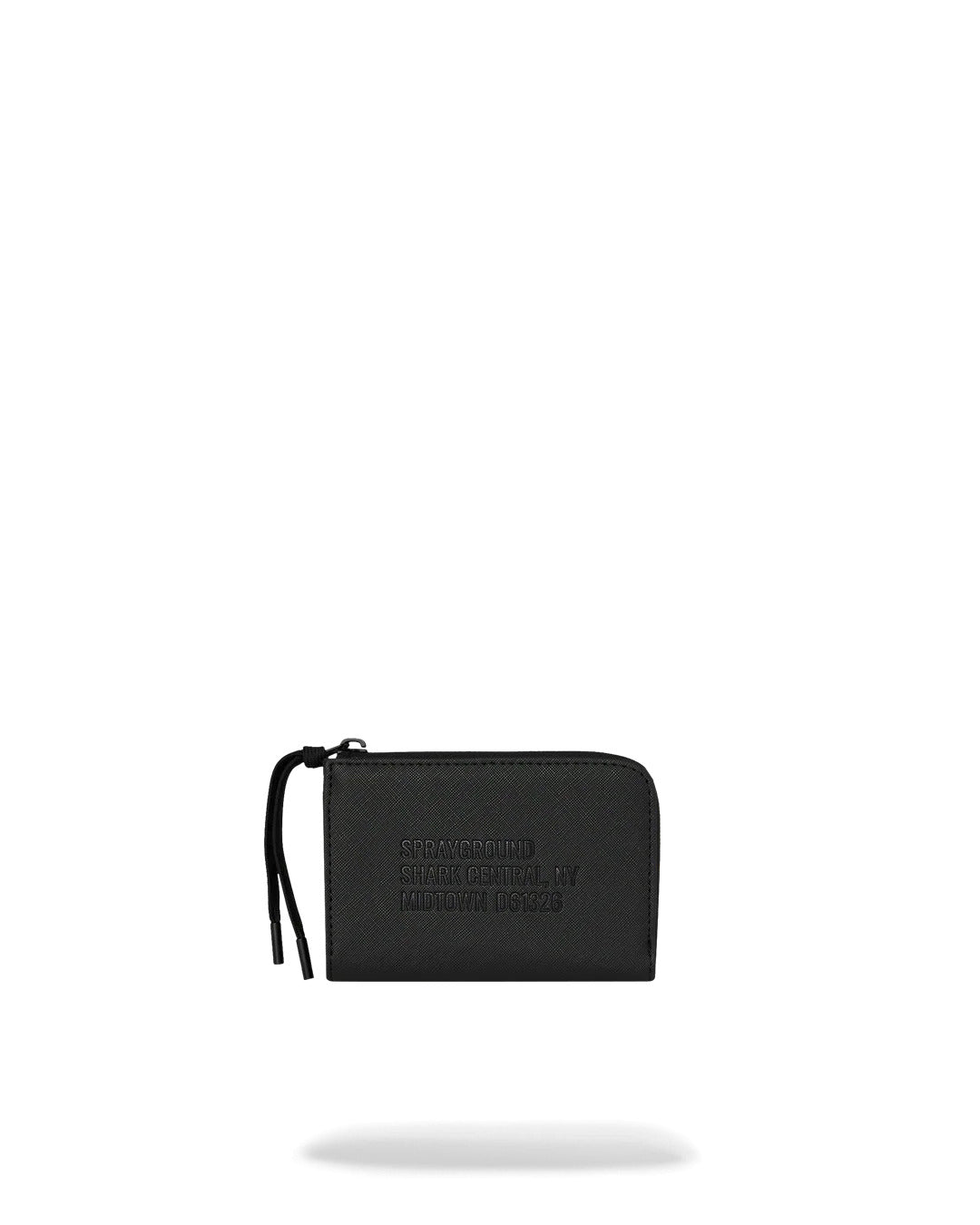 Portafoglio Sprayground Blacked Out nero, retro con scritta Shark Central NY in rilievo