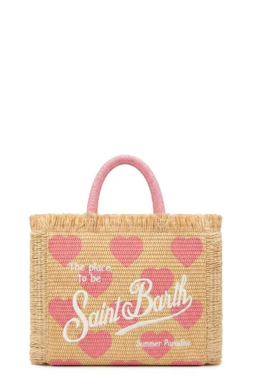 Borsa Saint Barth - Colette in paglia tinta cuori rosa